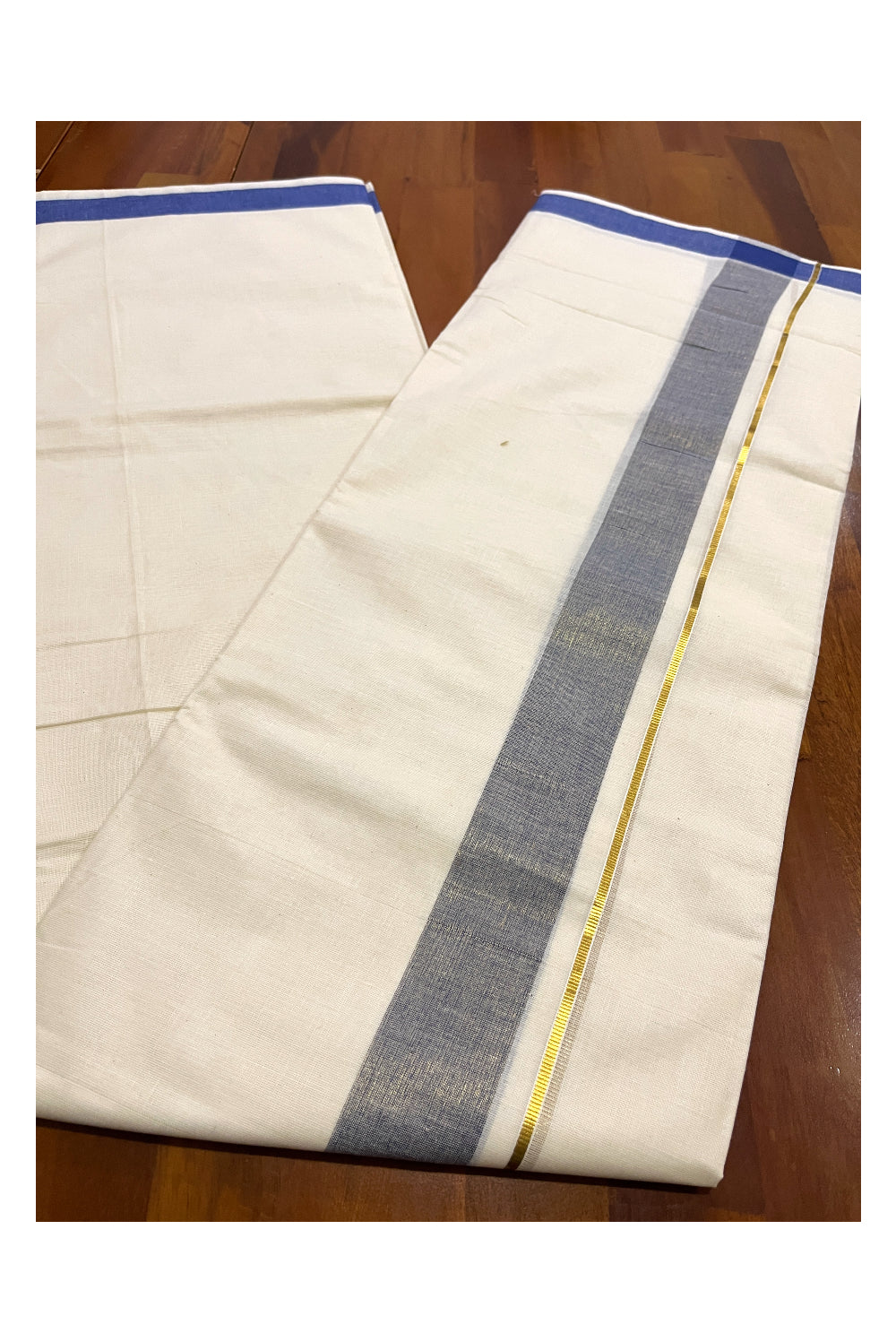 Pure Cotton Double Mundu with Kasavu Blue Kara (South Indian Dhoti)