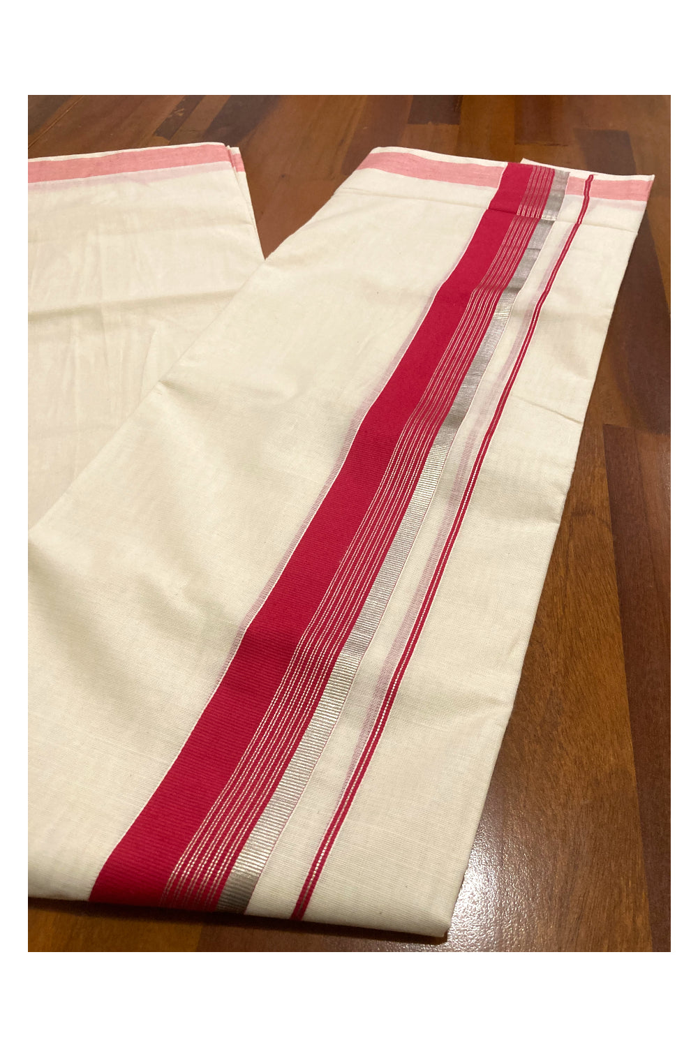 Off White Pure Cotton Double Mundu with Silver Kasavu and Red Border (South Indian Dhoti)