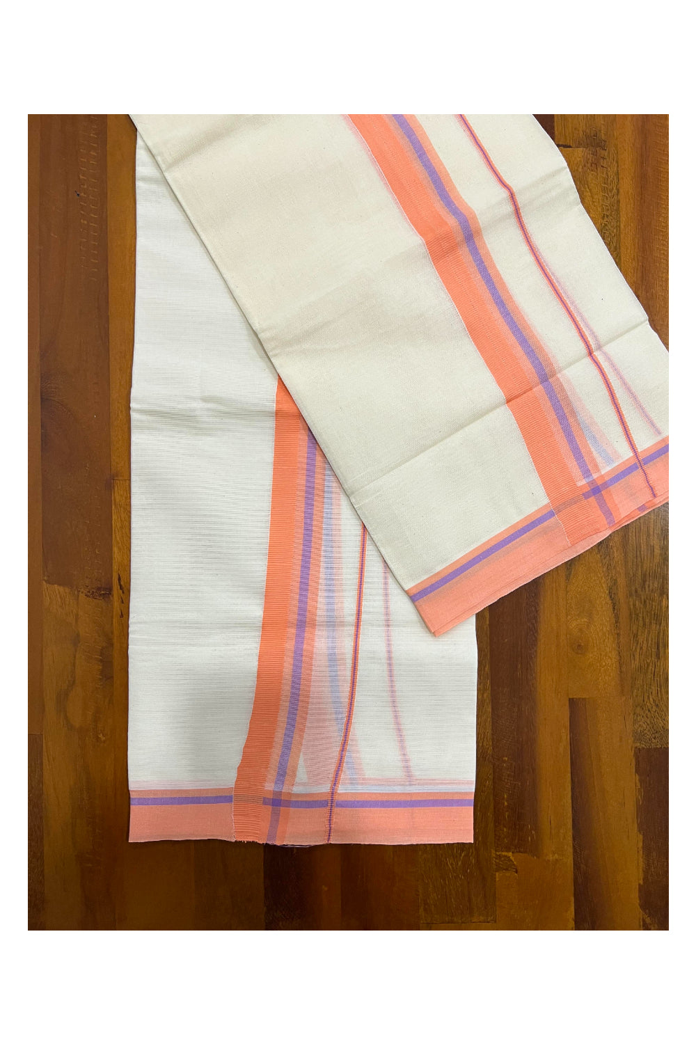 Kerala Cotton Mundum Neriyathum Single (Set Mundu) with Bright Orange Border