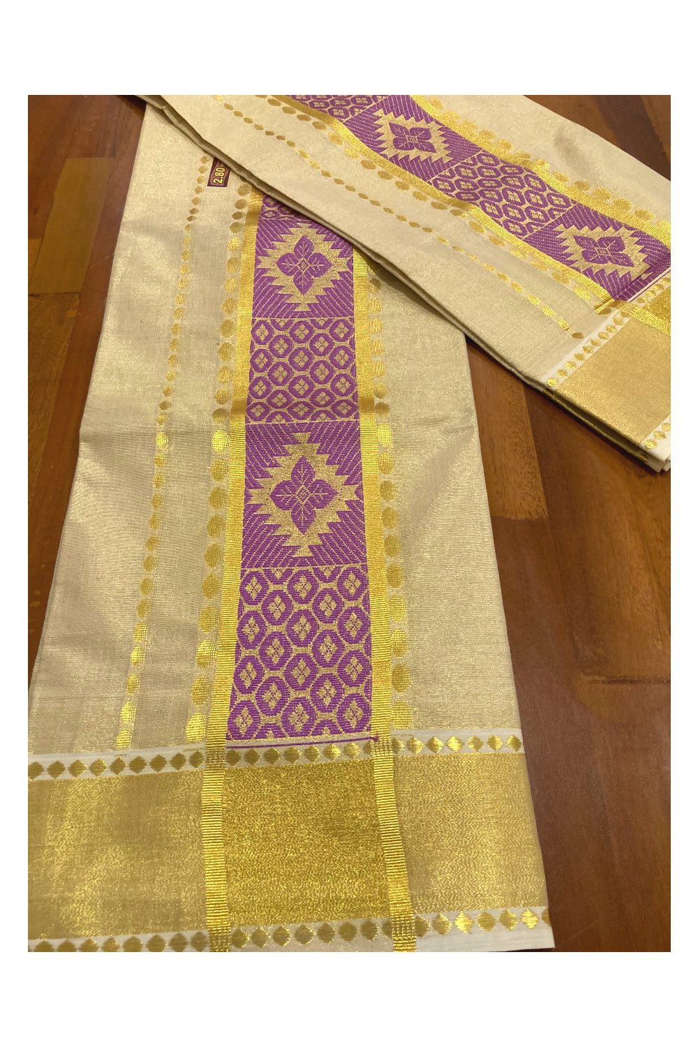 Kerala Tissue Kasavu Set Mundu (Mundum Neriyathum) with Magenta Thread Work on Border 2.80 Mtrs