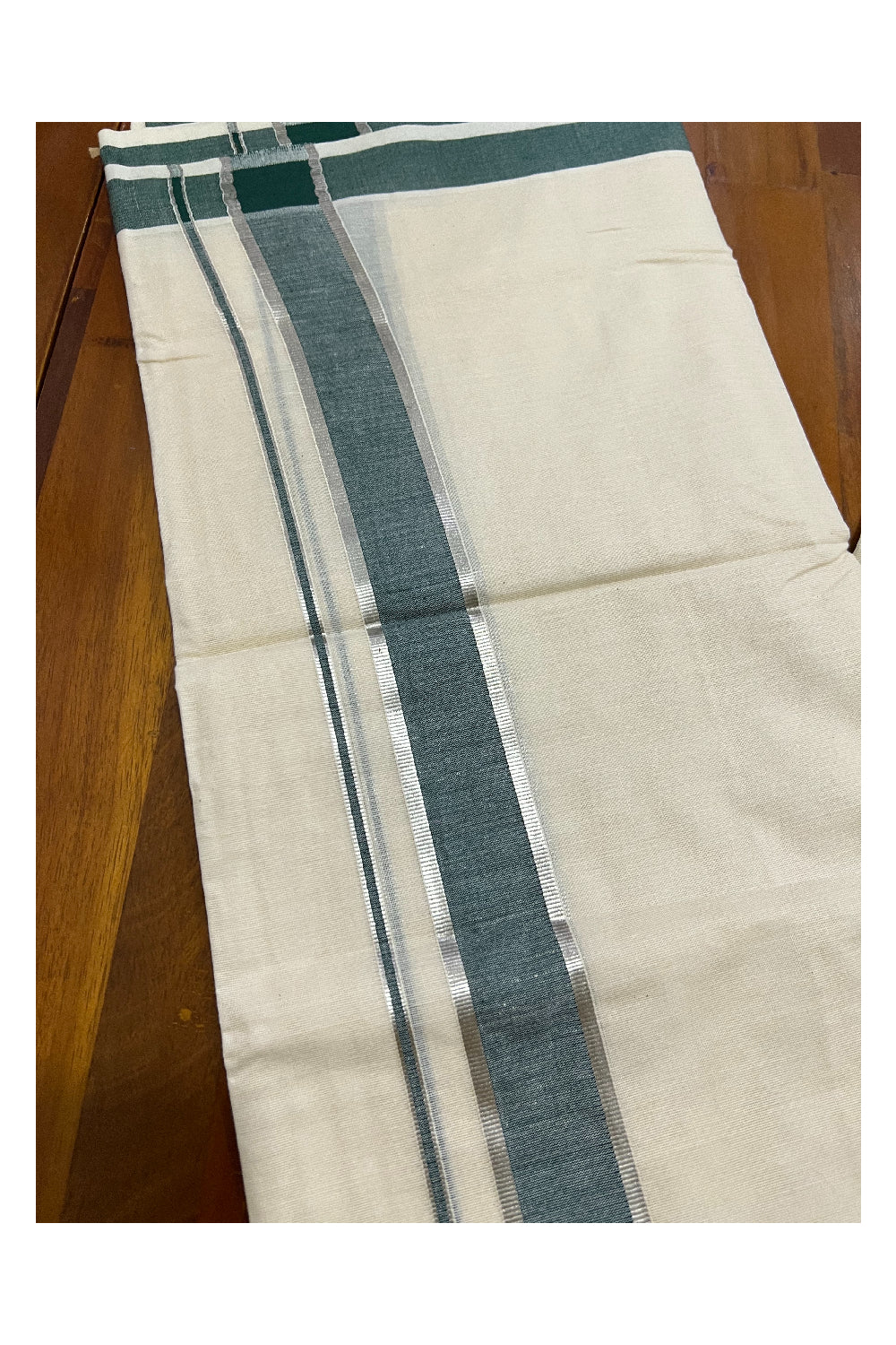 Off White Kerala Double Mundu with Silver Kasavu and Green Border (South Indian Dhoti)