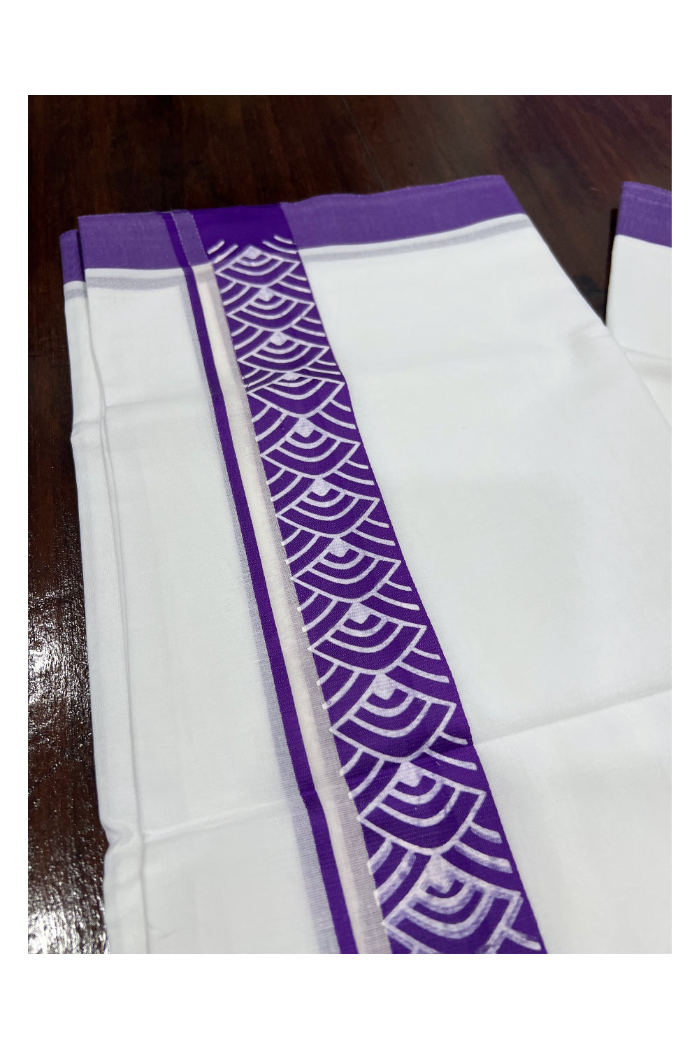 Pure White Cotton Double Mundu with Violet Block Printed Border (South Indian Dhoti)