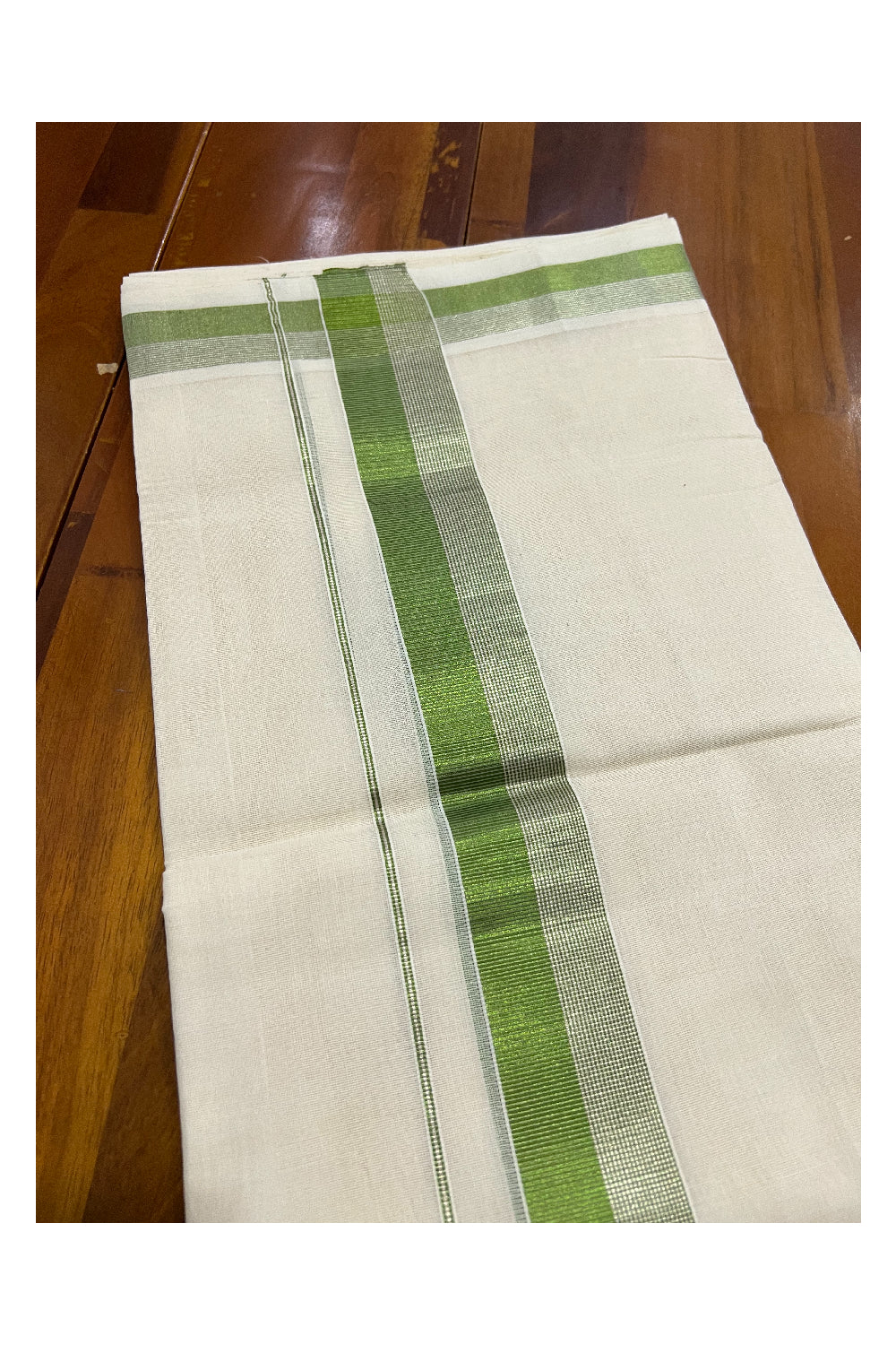 Southloom Balaramapuram Handloom Pure Cotton Mundu with Silver and Light Green Kasavu Border (South Indian Dhoti)