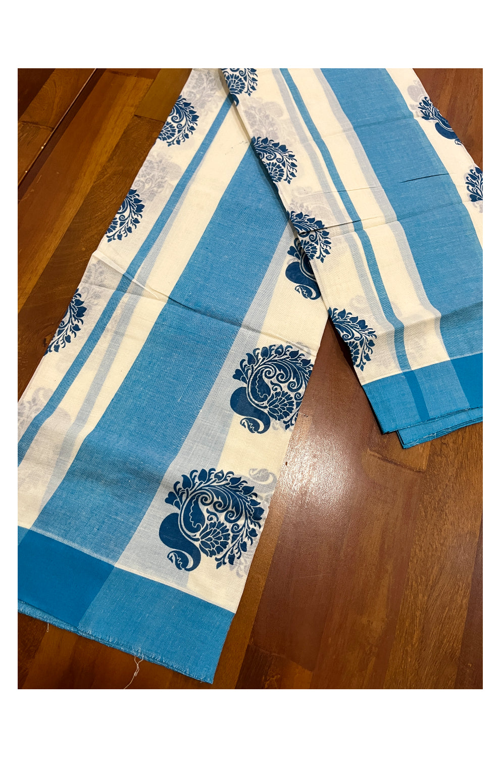 Pure Cotton Single Set Mundu (Mundum Neriyathum Onam 2023) with Blue Block Prints and Border