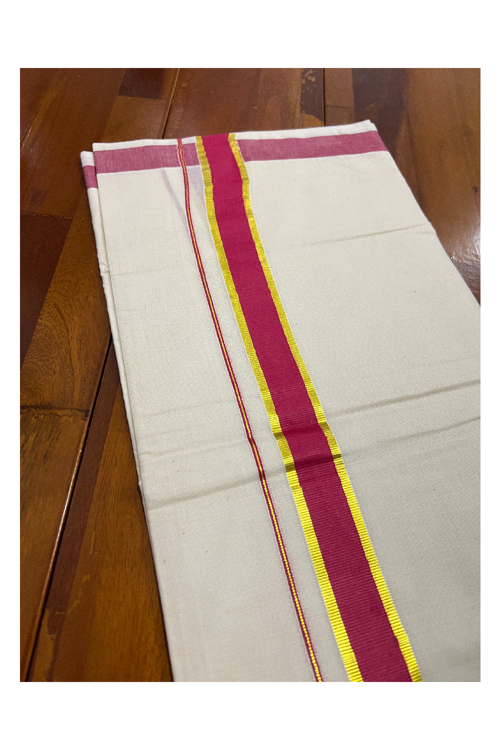 Off White Pure Cotton Double Mundu with Kasavu and Red Kara (South Indian Dhoti)