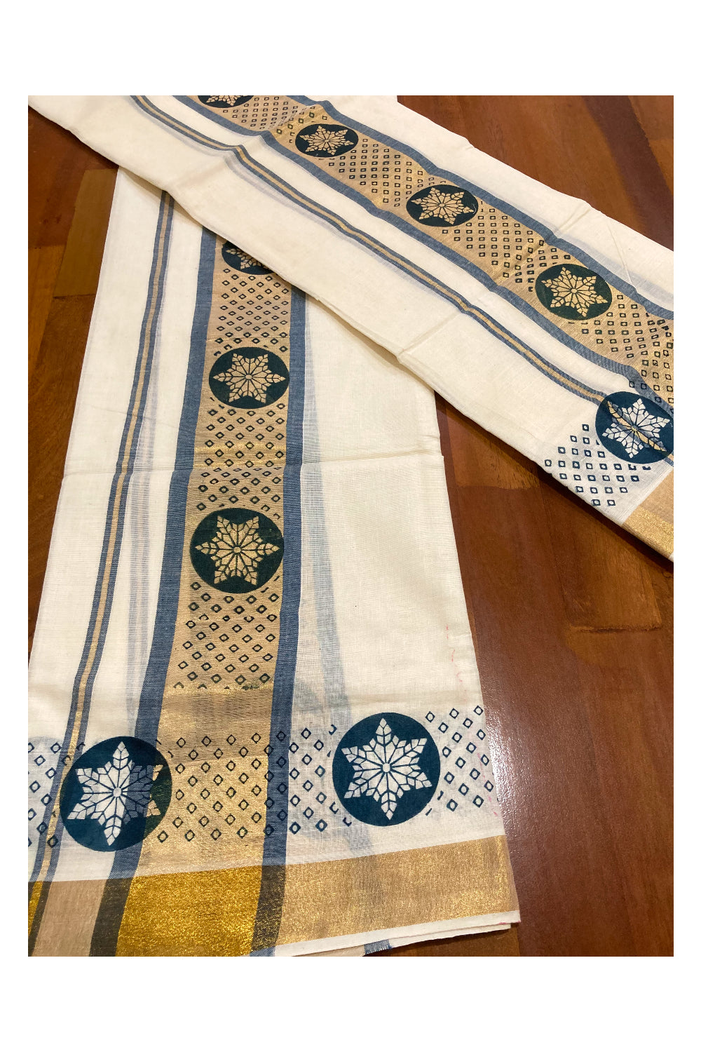 Kerala Cotton Kasavu Set Mundu (Mundum Neriyathum) with Block Prints on Border