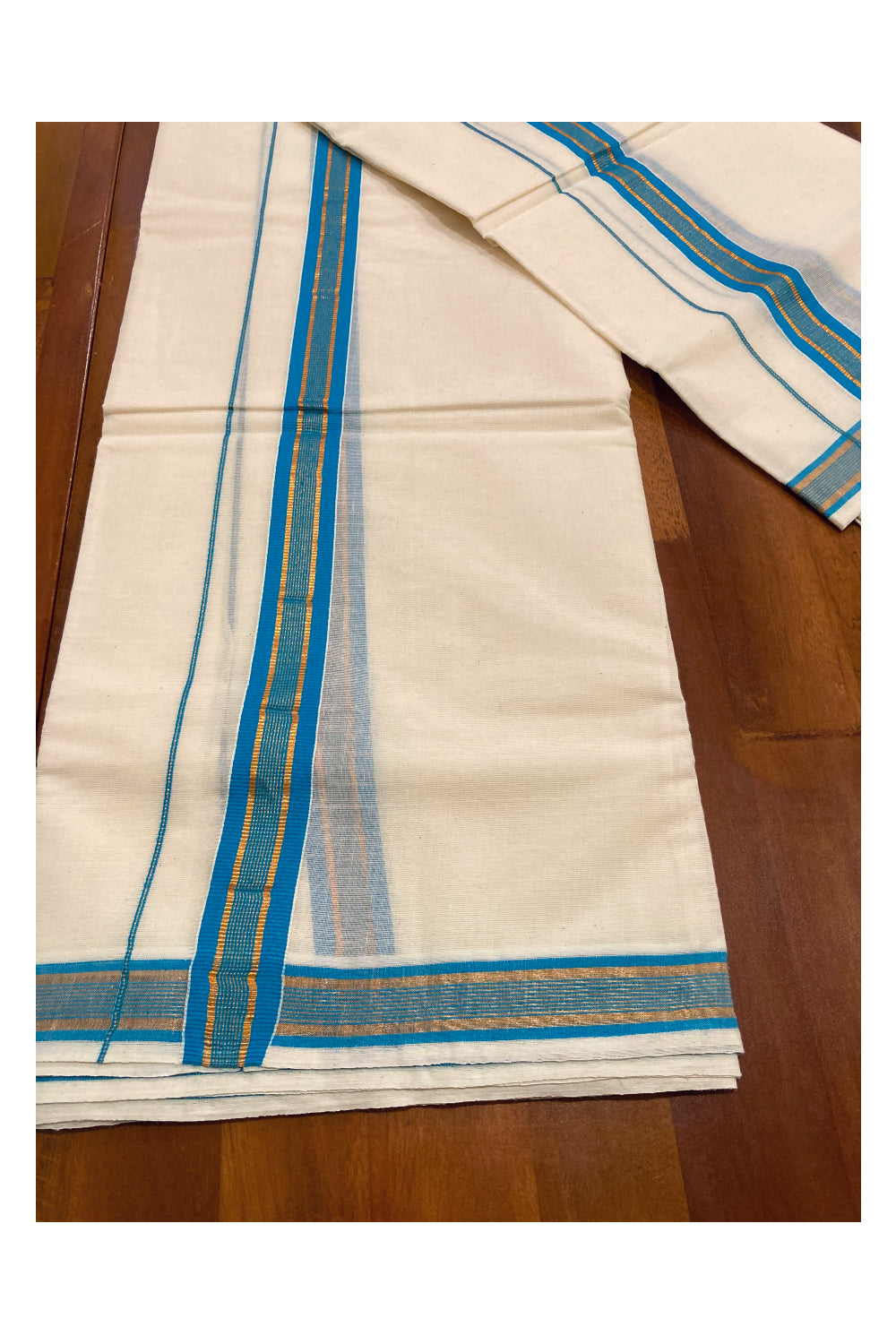 Mundum Neriyathum Double (Set Mundu) with Blue and Kasavu Border