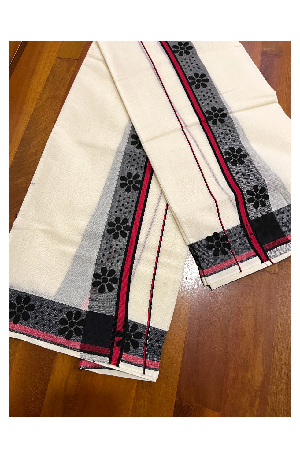 Kerala Cotton Set Mundu (Mundum Neriyathum) with Black Block Prints on Black Red Border 2.80 Mtrs