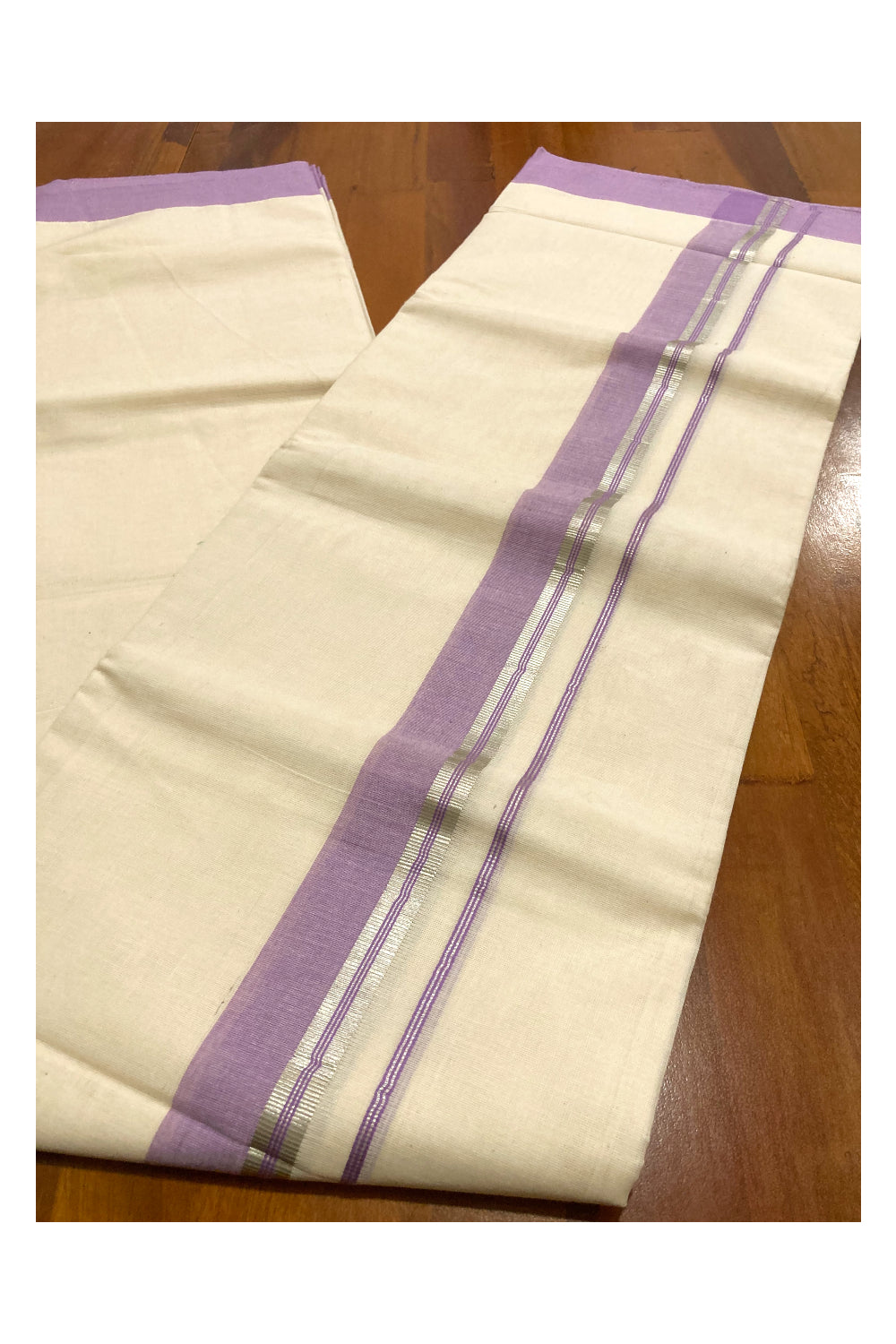 Pure Cotton Double Mundu with Violet and Silver Kasavu Border (South Indian Dhoti)