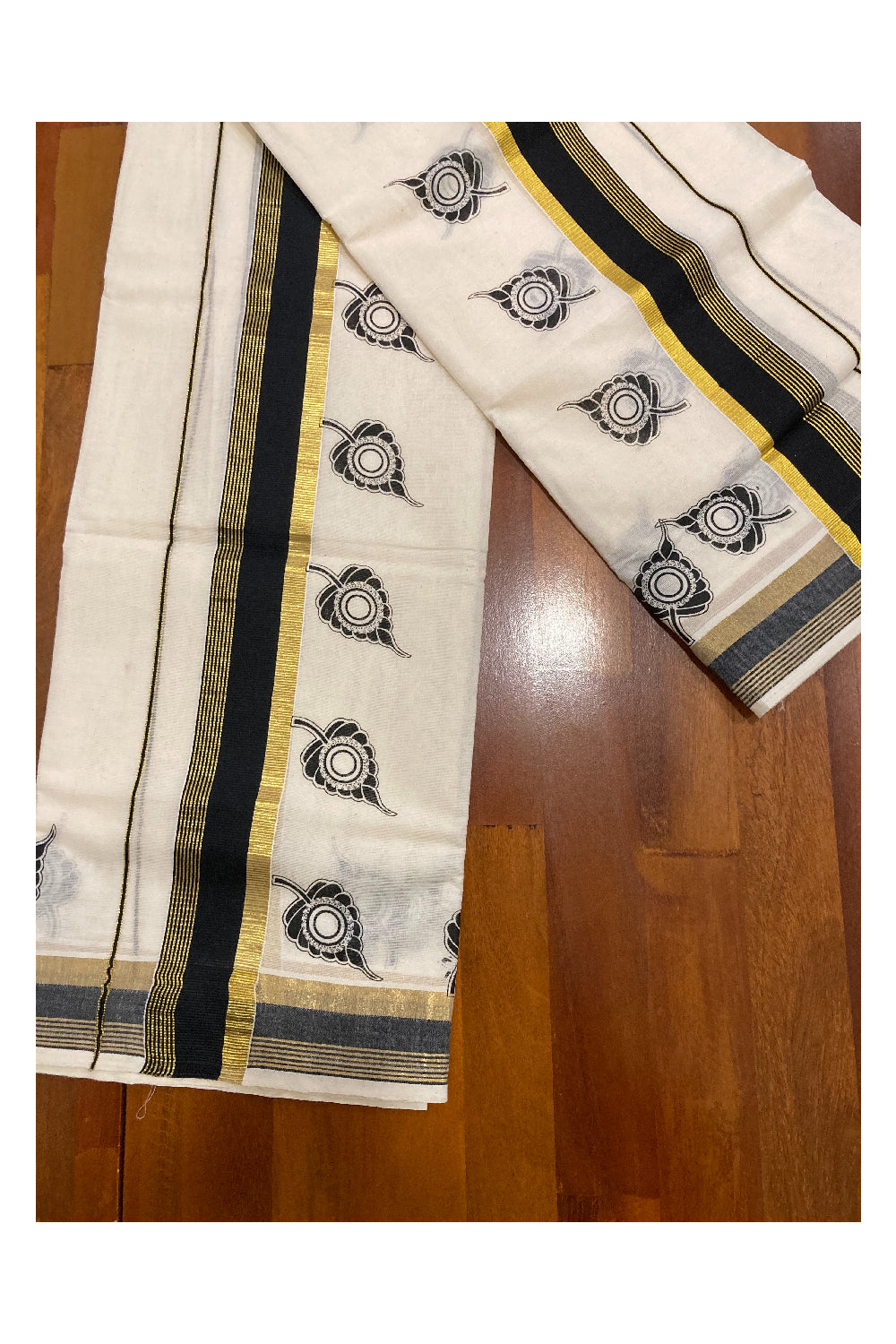 Pure Cotton Kasavu Set Mundu (Mundum Neriyathum) with Black Leaf Block Prints on Border