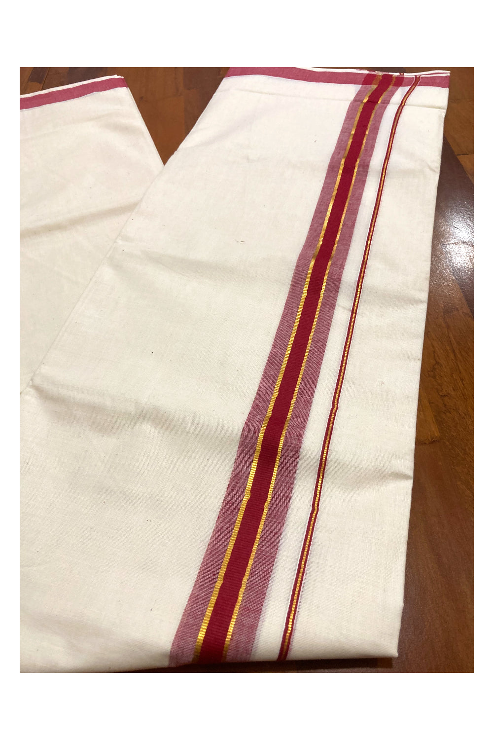 Pure Cotton Double Mundu with Maroon and Kasavu Border (South Indian Dhoti)