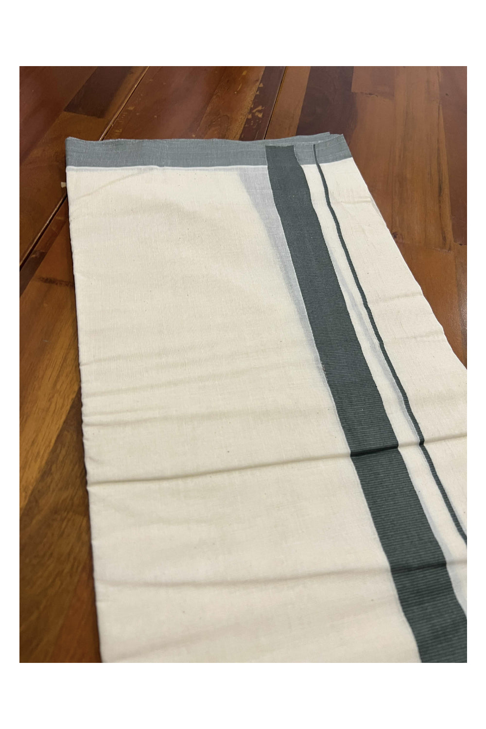 Off White Pure Cotton Double Mundu with Greenish Grey Kara (South Indian Dhoti)