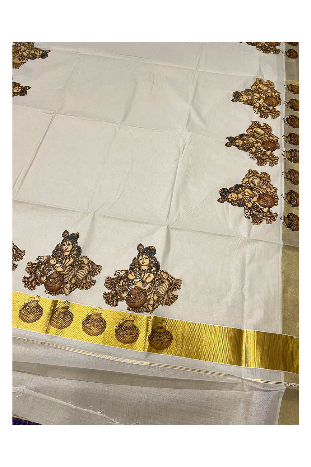 Pure Cotton Kerala Kasavu Saree with Mural Printed Brown Baby Krishna Design