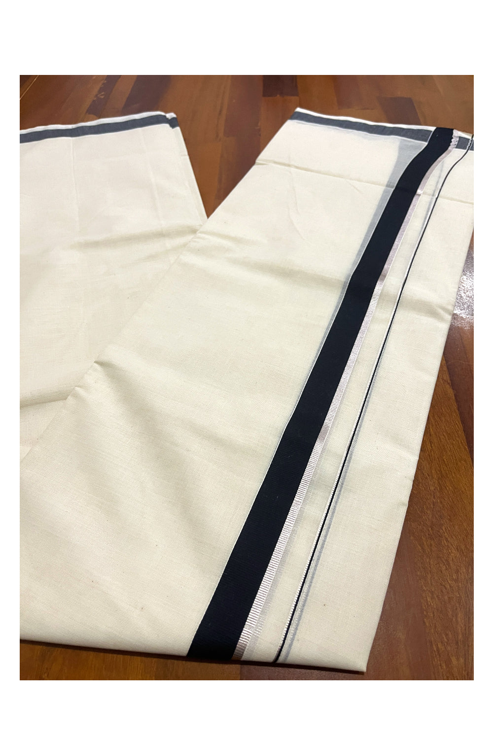 Pure Cotton Off White Double Mundu with Black and Silver Kasavu Kara (South Indian Dhoti)