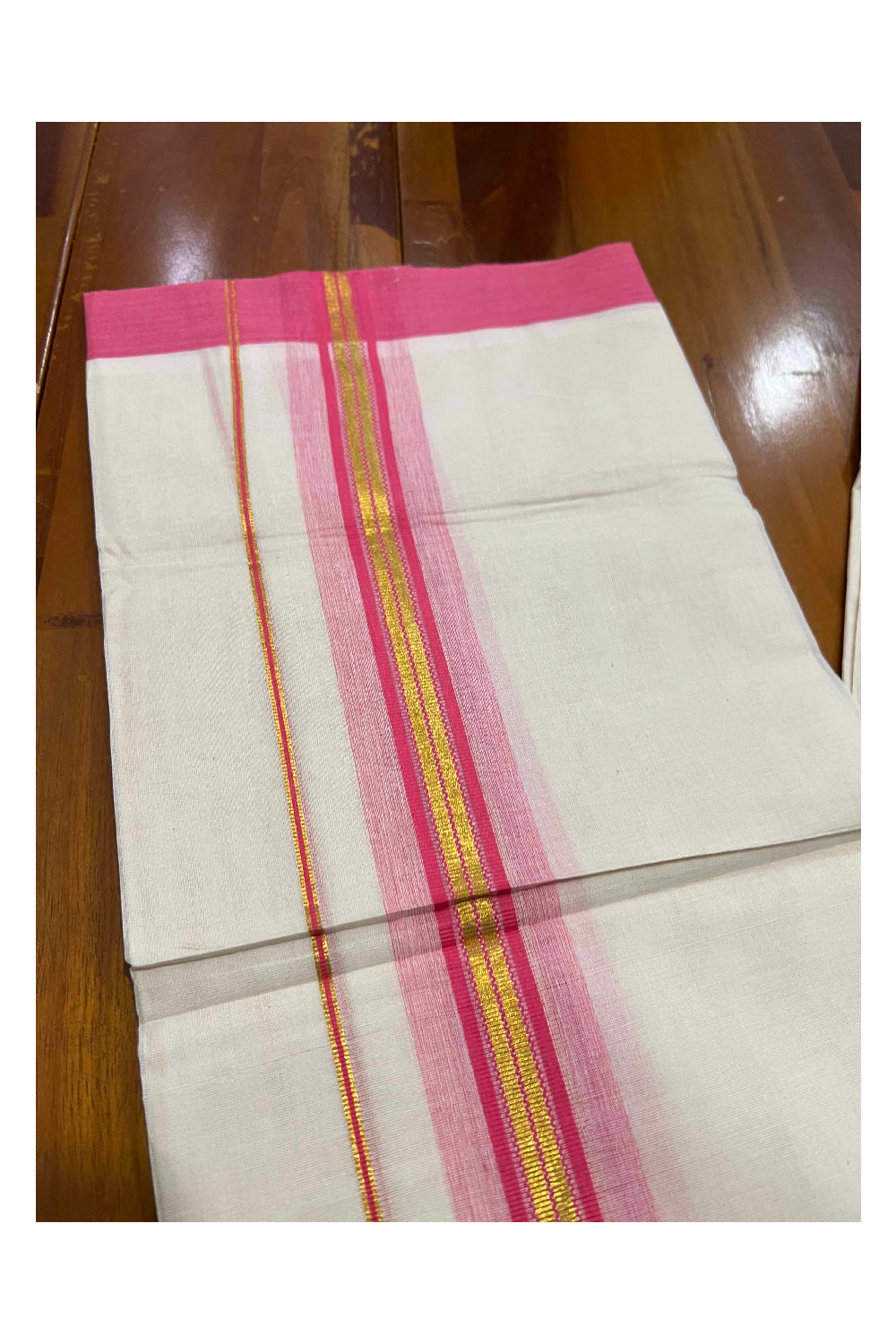 Off White Kerala Double Mundu with Kasavu and Pink Border (South Indian Dhoti)