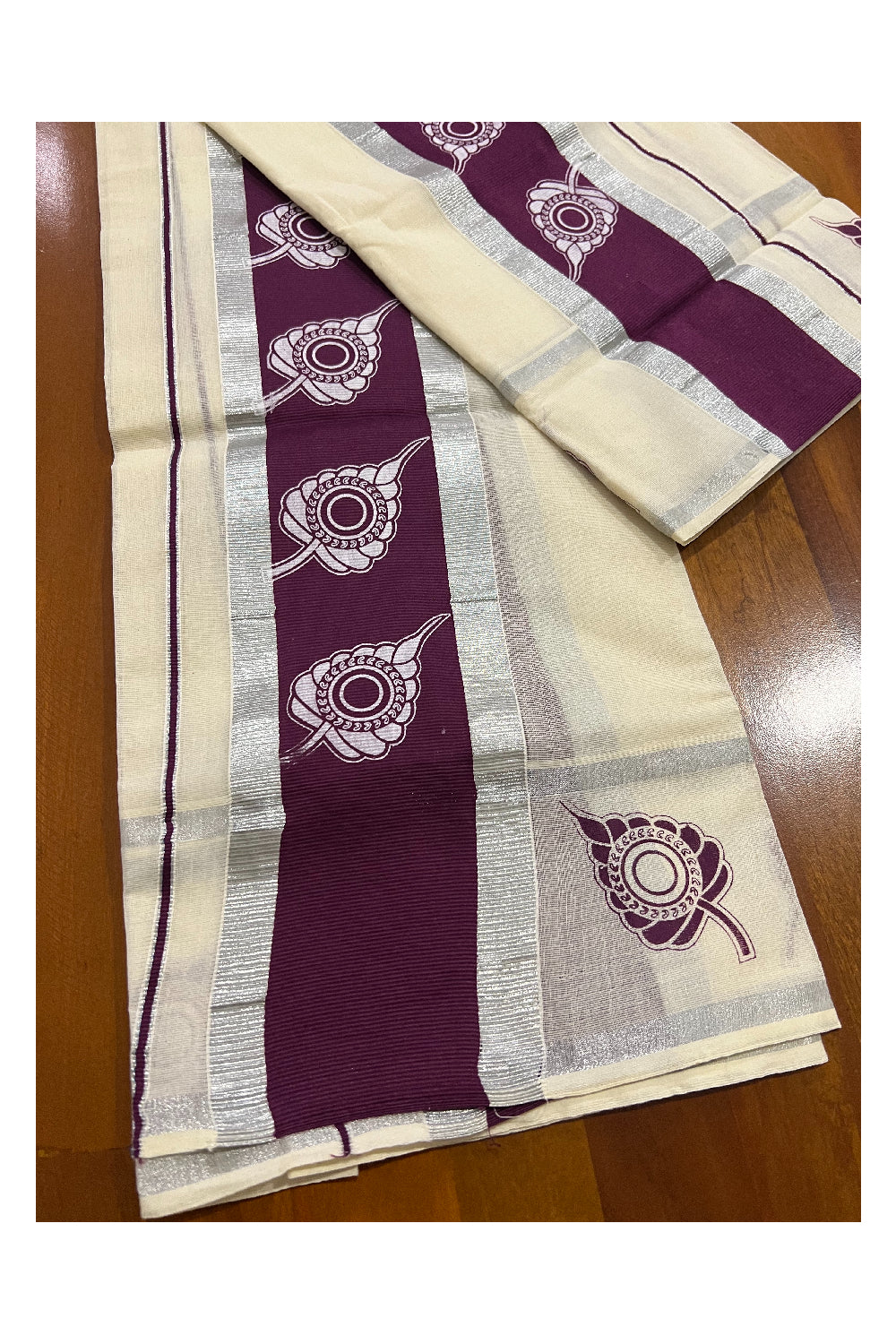 Kerala Cotton Silver Kasavu Set Mundu (Mundum Neriyathum) with Leaf Block Prints on Purple Border