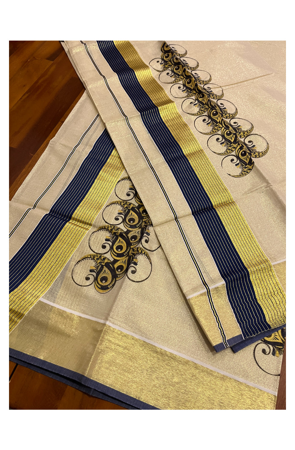 Kerala Tissue Set Mundu (Mundum Neriyathum) with Block Prints on Navy Blue and Kasavu Border 2.80 Mtrs