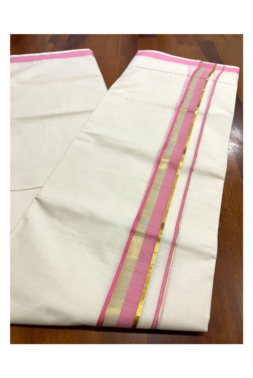 Pure Cotton Double Mundu with Kasavu Pink Kara (South Indian Kerala Dhoti)