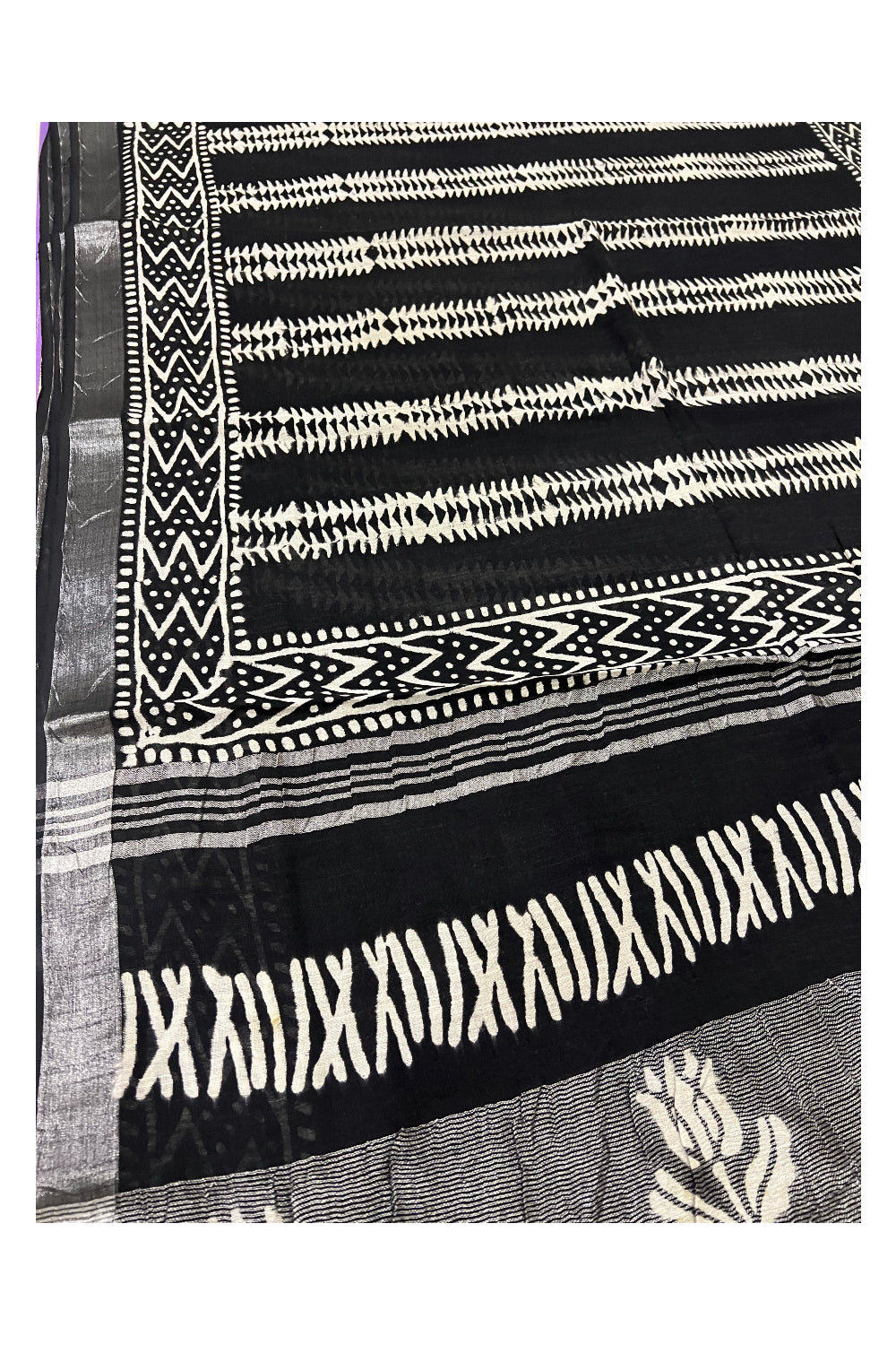 Southloom Linen Black Designer Saree with White Prints and Tassels on Pallu