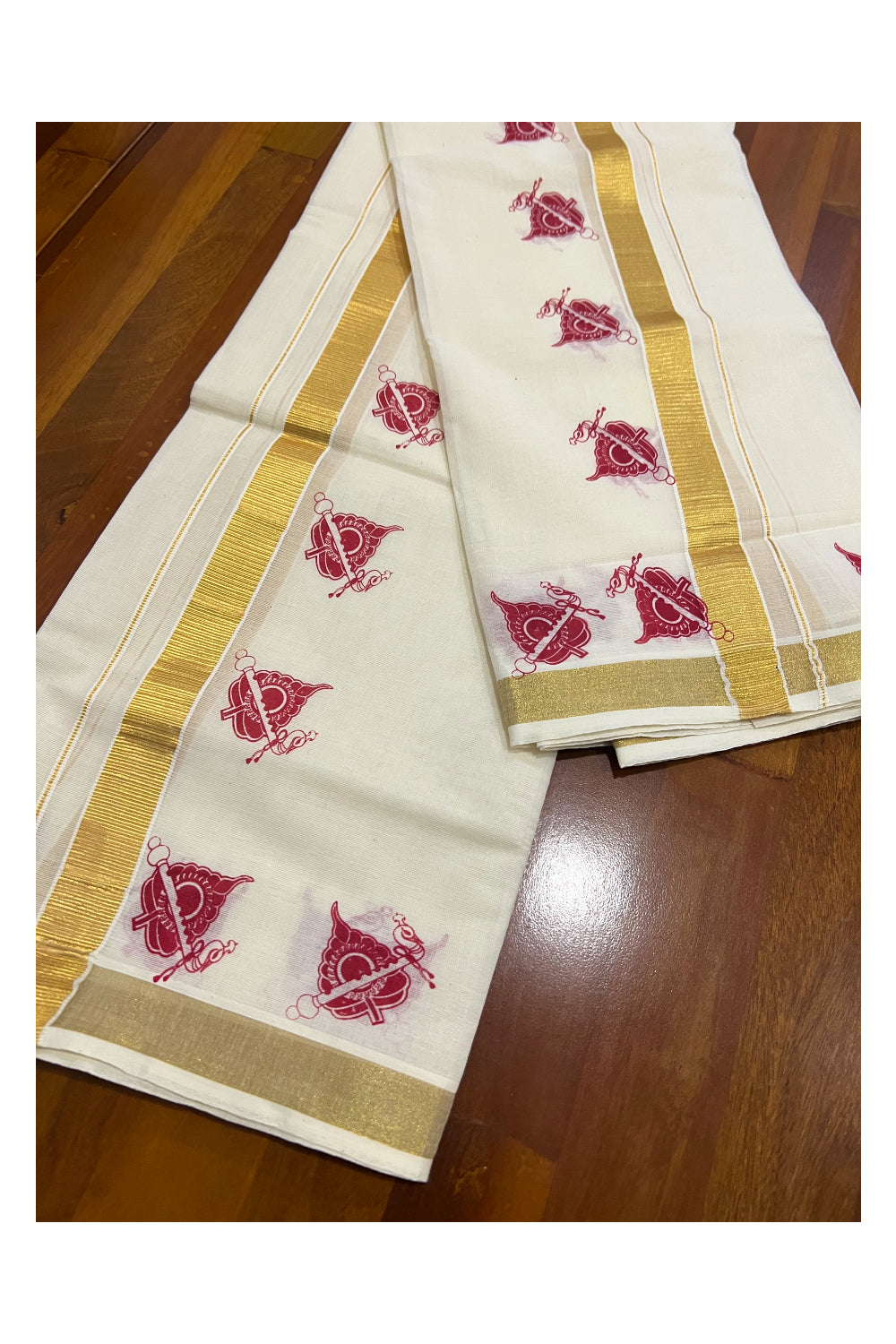 Kerala Cotton Kasavu Set Mundu (Mundum Neriyathum) with Brick Red Block Prints
