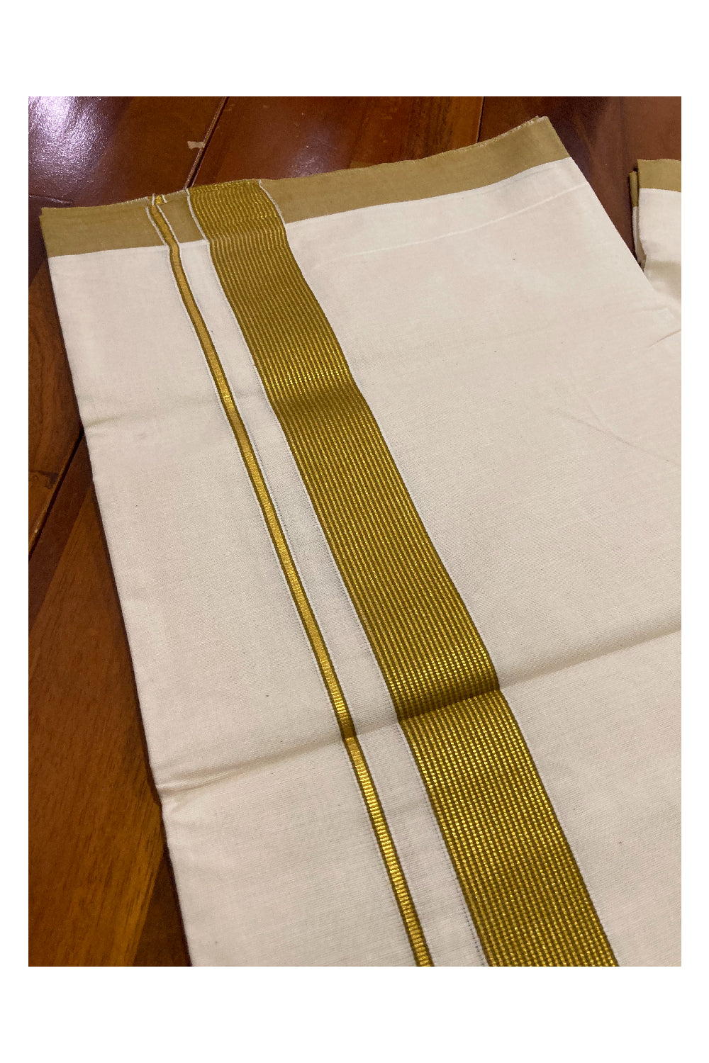 Off White Kerala Double Mundu with Kasavu and Light Brown Line Border (South Indian Dhoti)