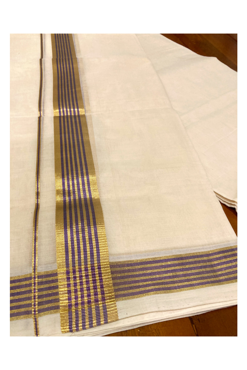 Southloom Premium Handloom Cotton Off White Mundu with Violet and Kasavu Border (South Indian Dhoti)