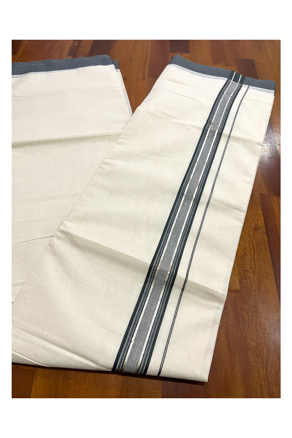 Pure Cotton Off White Double Mundu with Grey and Silver Kara (South Indian Dhoti)