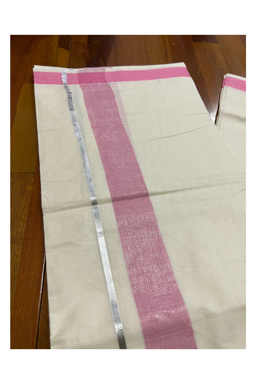 Pure Cotton Off White Double Mundu with Pink and Silver Kasavu Border (South Indian Dhoti)