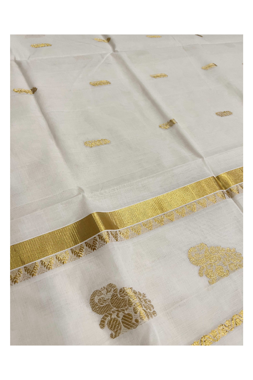 Southloom™ Original Handloom Cotton Kasavu Heavy Work Saree with Peacock Woven Design