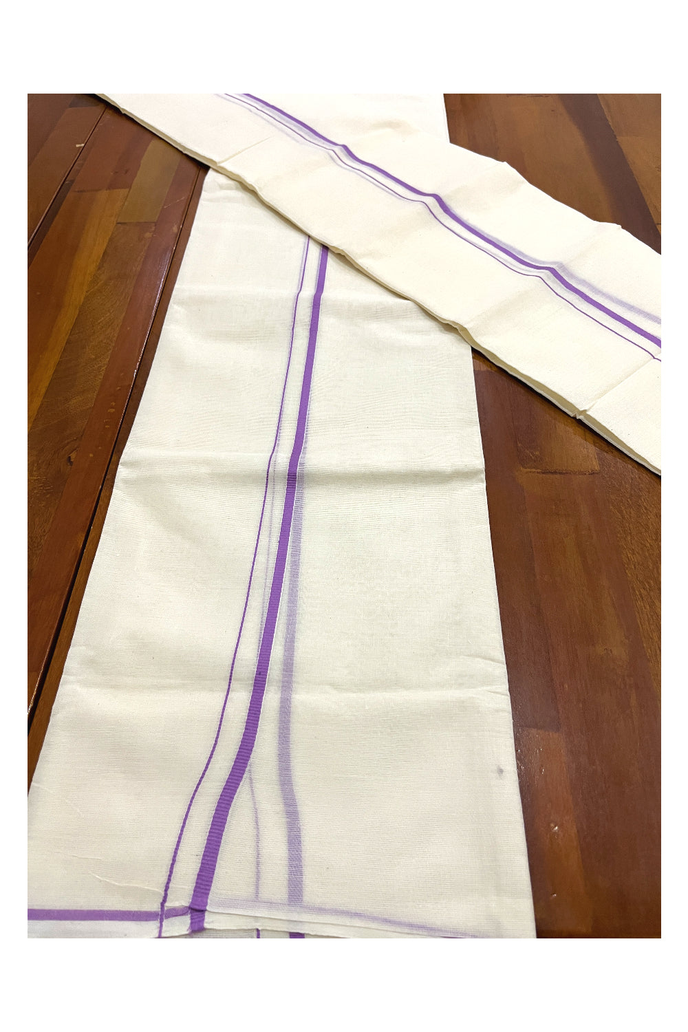 Kerala Cotton Mundum Neriyathum Single (Set Mundu) with Violet Line Border