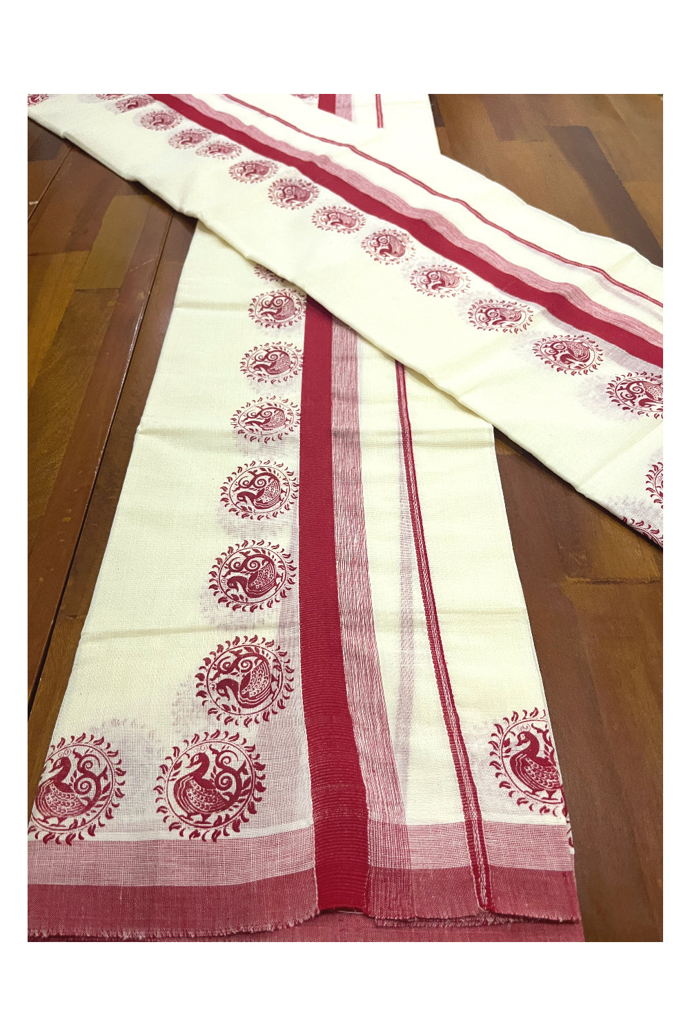 Kerala Cotton Single Set Mundu (Mundum Neriyathum) with Red Block Prints on Border