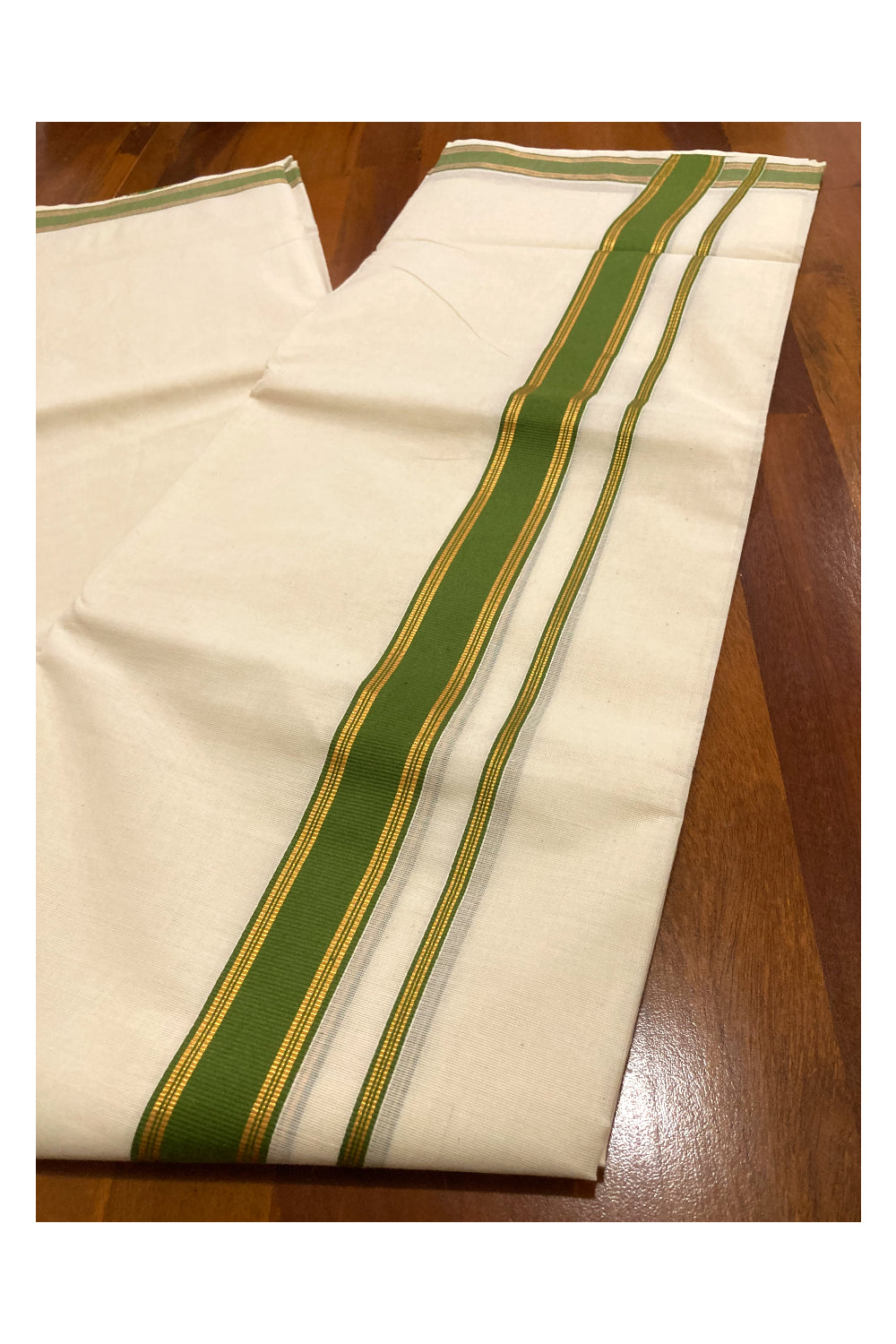 Off White Kerala Double Mundu with Kasavu and Green Border (South Indian Dhoti)