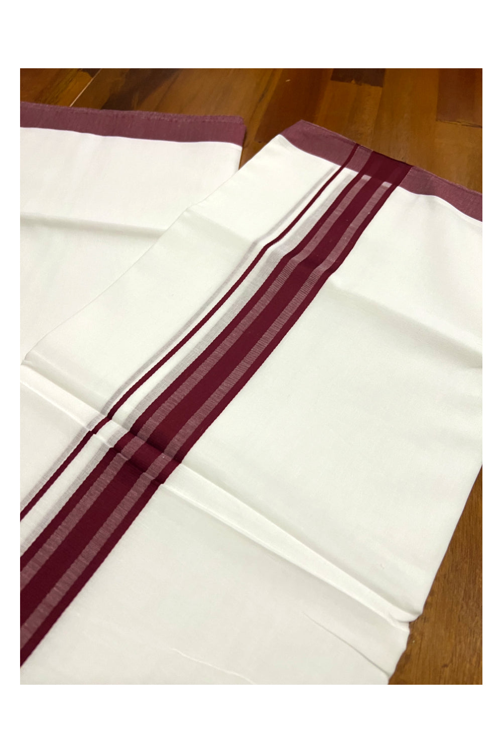 Pure White Cotton Double Mundu with Maroon Line Border (South Indian Dhoti)