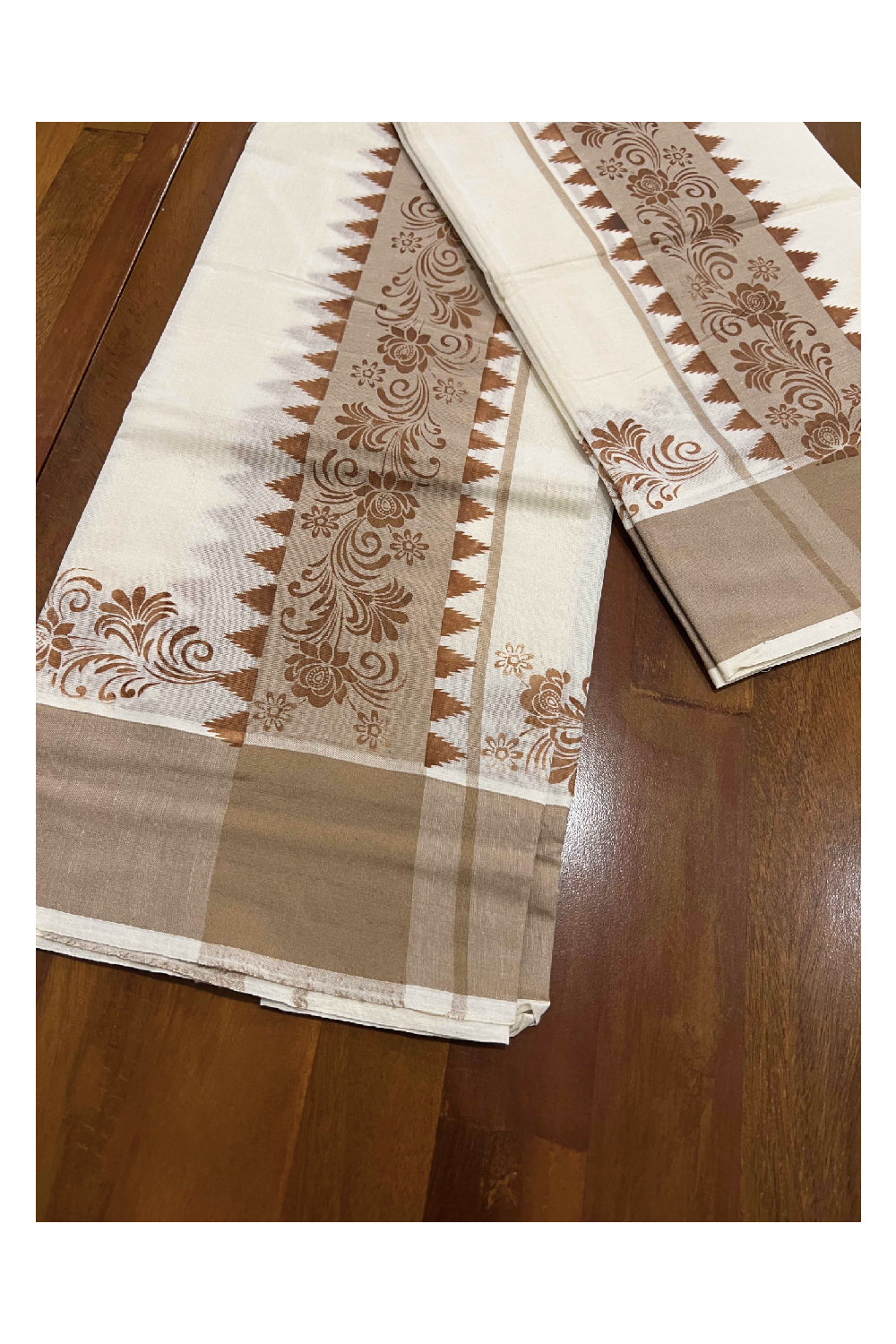 Kerala Cotton Set Mundu (Mundum Neriyathum) with Brown Floral Block Printed Temple Border