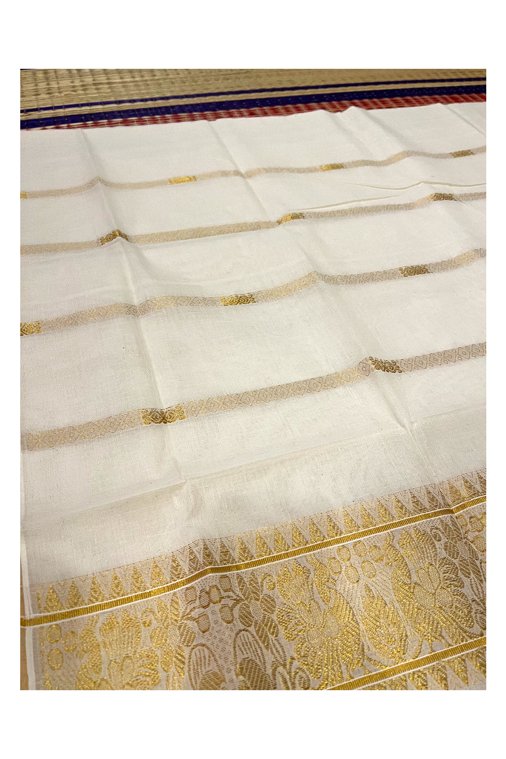 Pure Cotton Kerala Kasavu Heavy Work Saree with Peacock Woven Design