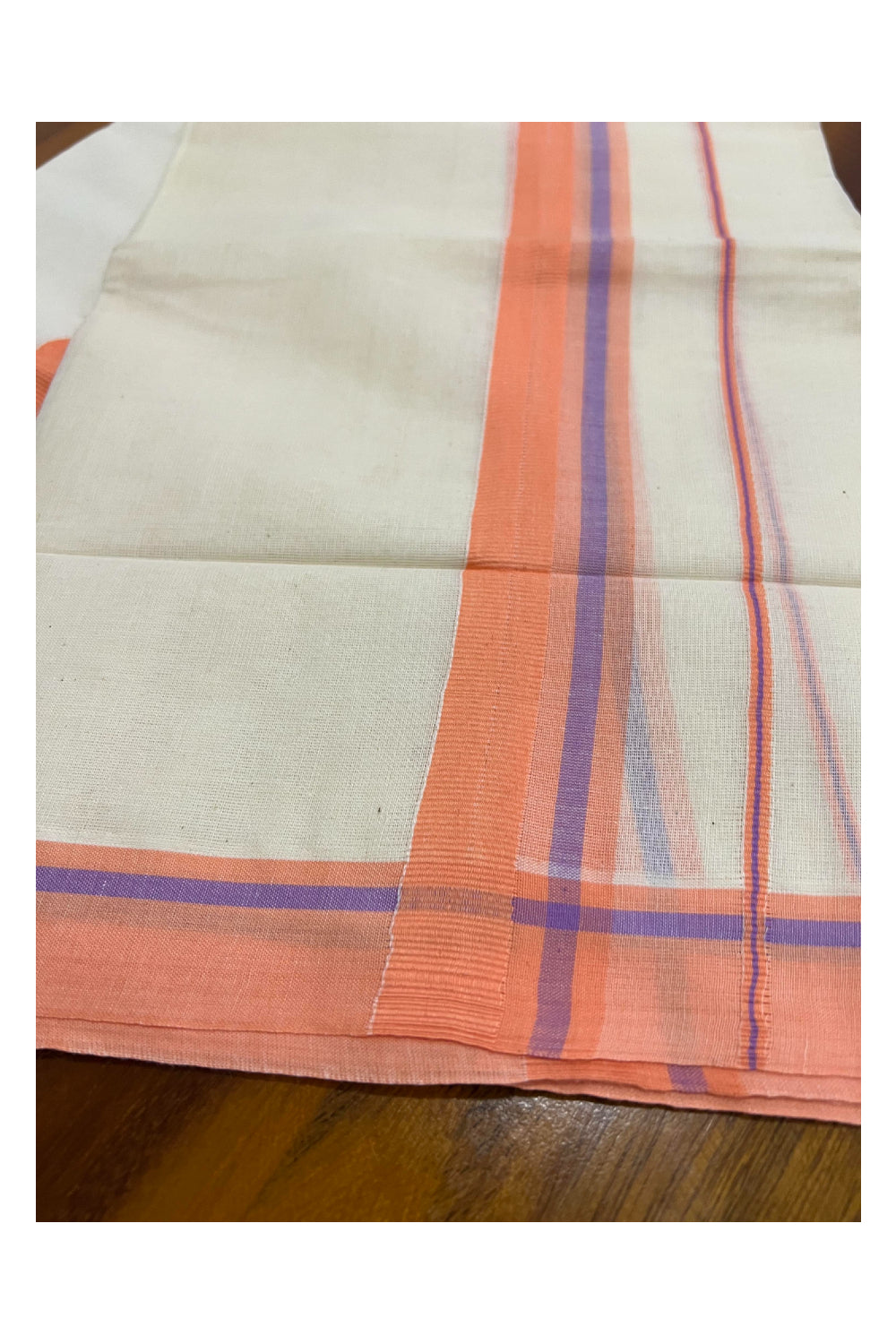 Kerala Cotton Mundum Neriyathum Single (Set Mundu) with Bright Orange Border