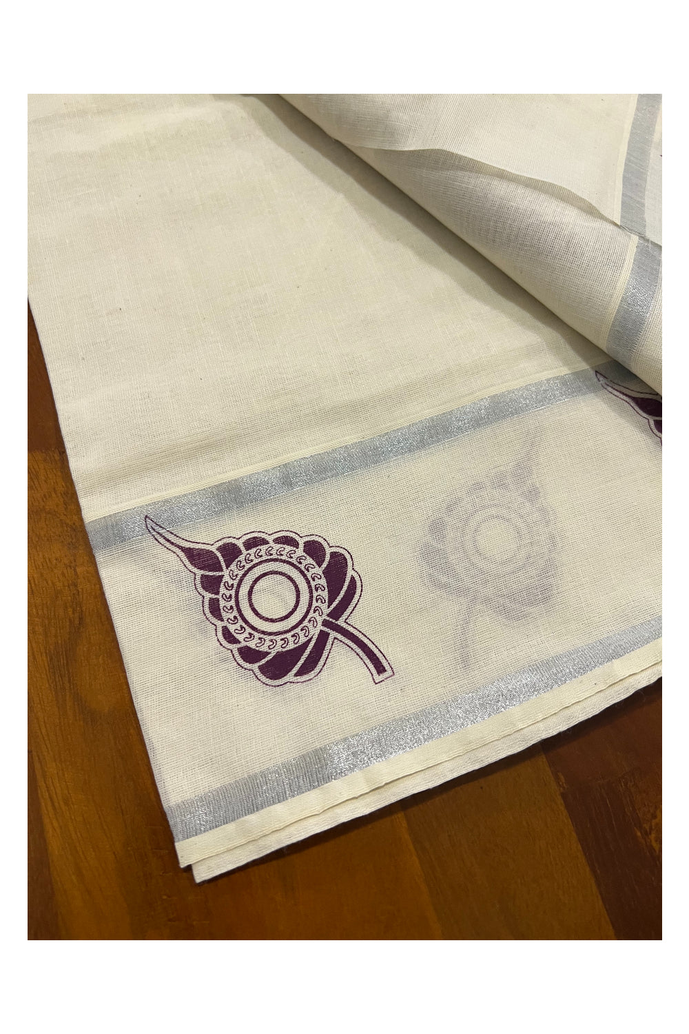 Kerala Cotton Silver Kasavu Set Mundu (Mundum Neriyathum) with Leaf Block Prints on Purple Border