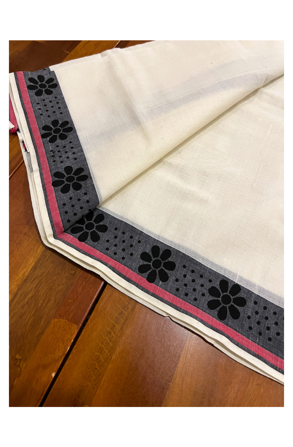 Kerala Cotton Set Mundu (Mundum Neriyathum) with Black Block Prints on Black Red Border 2.80 Mtrs