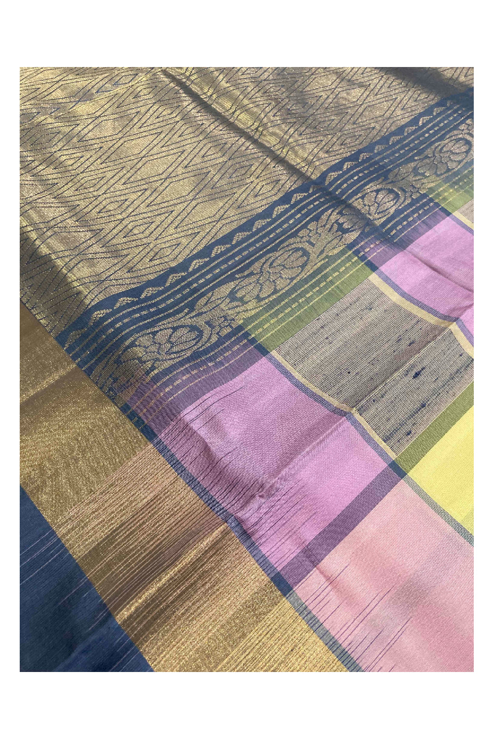 Southloom Handloom Pure Silk Kanchipuram Saree in Yellow Violet Check Box Design