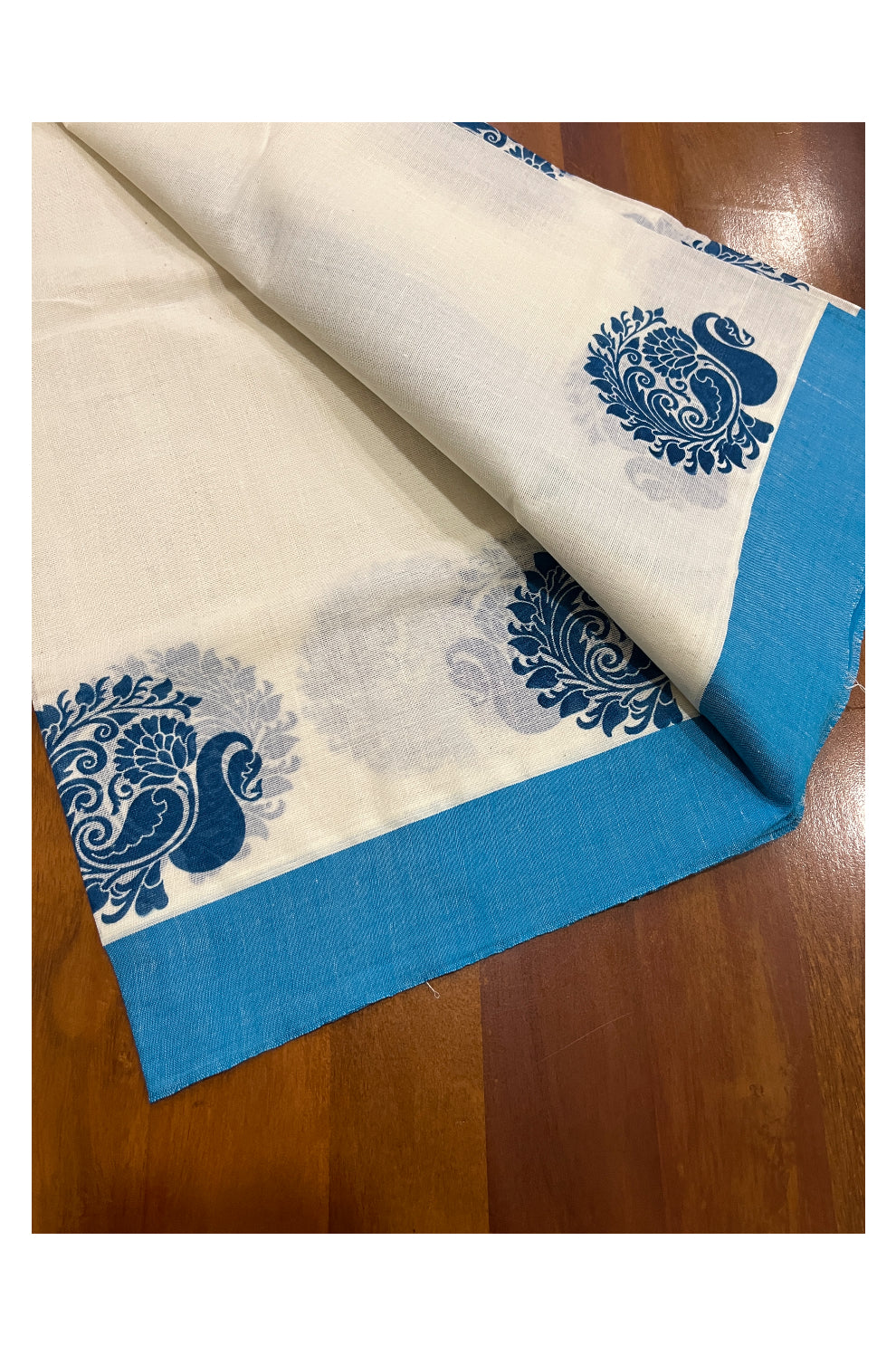 Pure Cotton Single Set Mundu (Mundum Neriyathum Onam 2023) with Blue Block Prints and Border