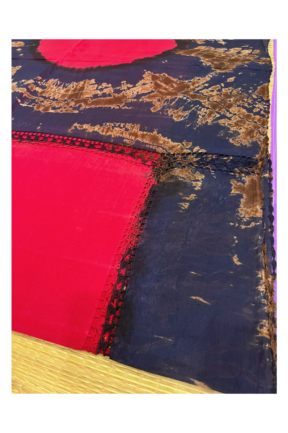 Southloom Pure Cotton Red Saree with Designer Blue Crochet works on Border