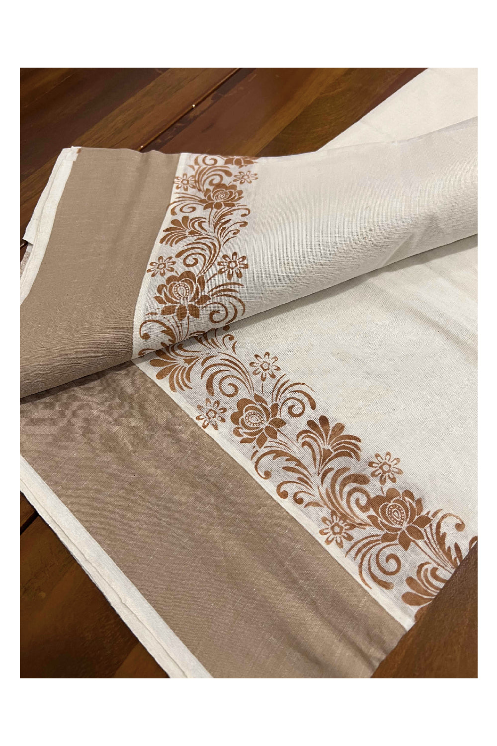 Kerala Cotton Set Mundu (Mundum Neriyathum) with Brown Floral Block Printed Temple Border