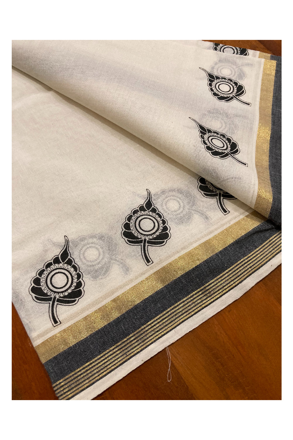 Pure Cotton Kasavu Set Mundu (Mundum Neriyathum) with Black Leaf Block Prints on Border