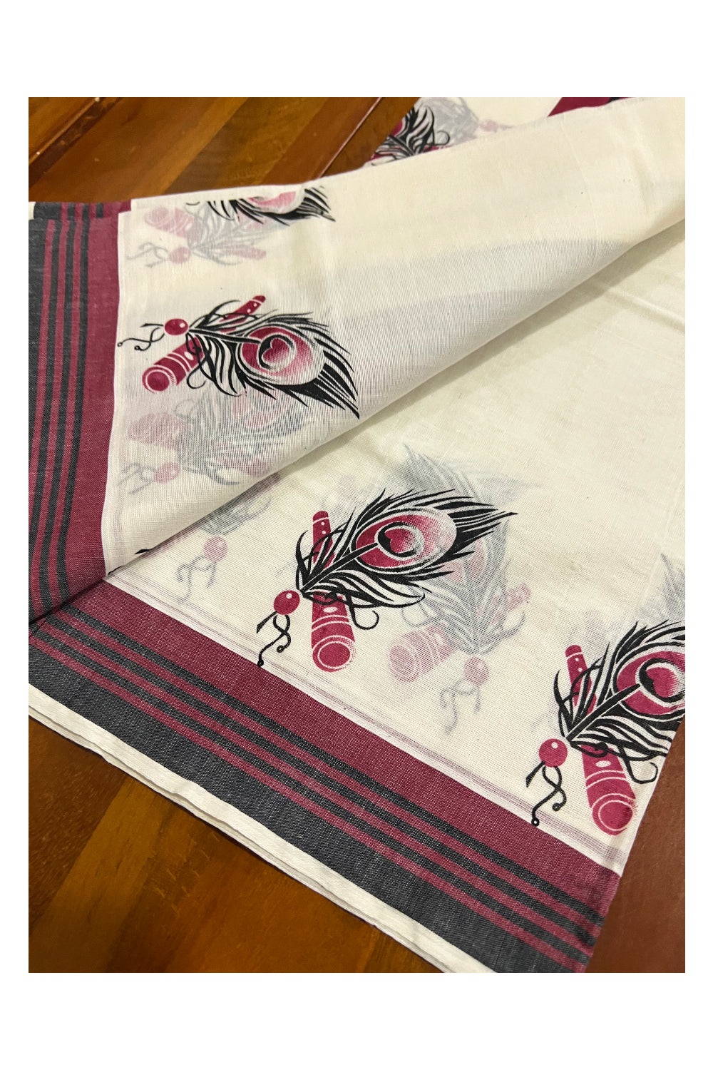 Kerala Cotton Set Mundu (Mundum Neriyathum) with Feather Flute Block Prints and Maroon and Black Border