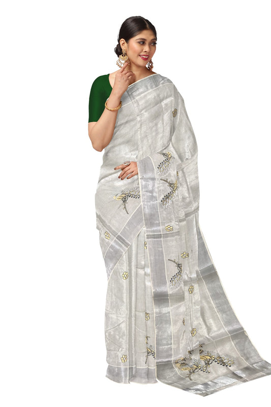 Kerala Silver Tissue Kasavu Saree with Black Golden Peacock Embroidery Works
