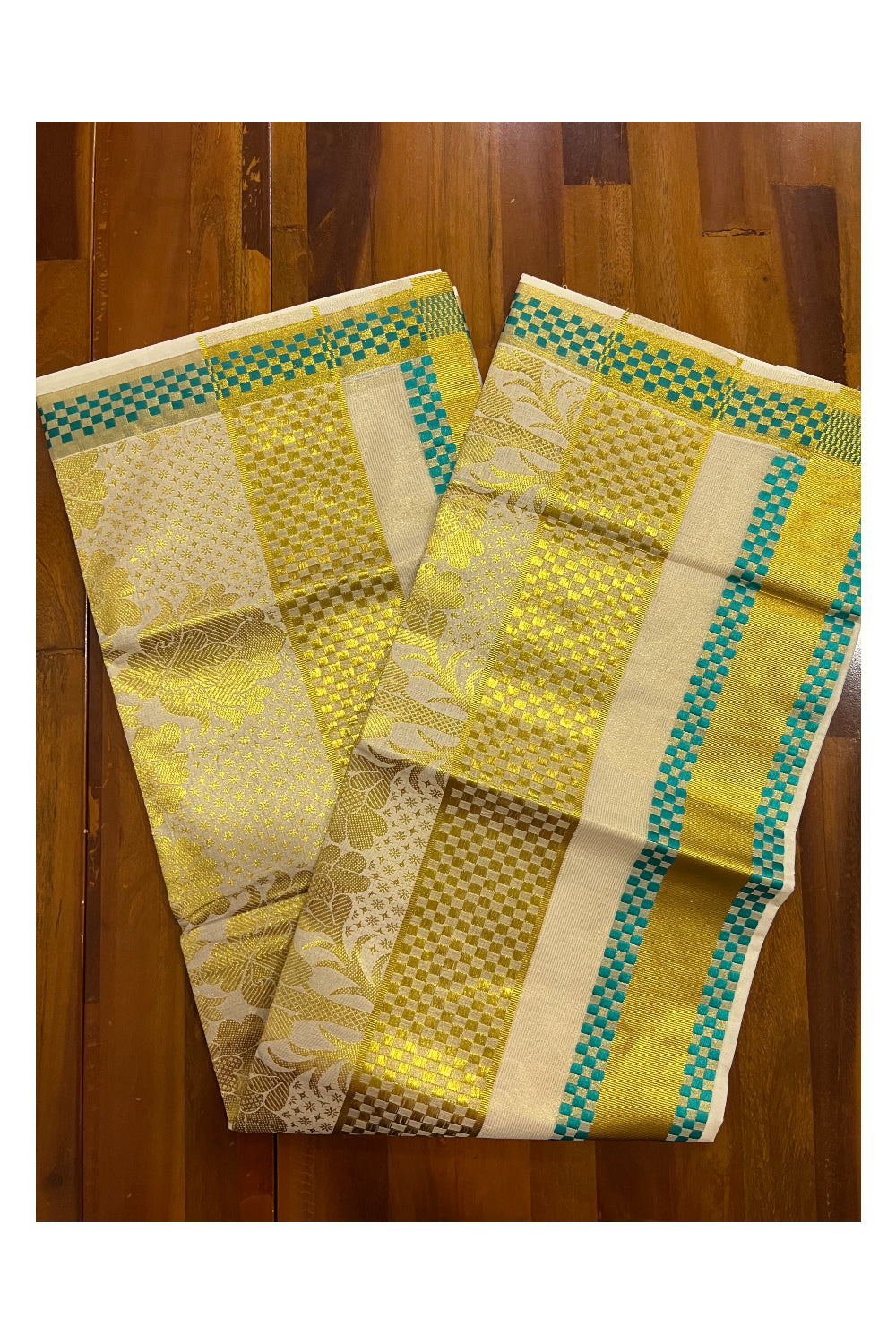 Pure Cotton Kerala Saree with Kasavu Woven Floral Patterns on Body and Turquoise Golden Border