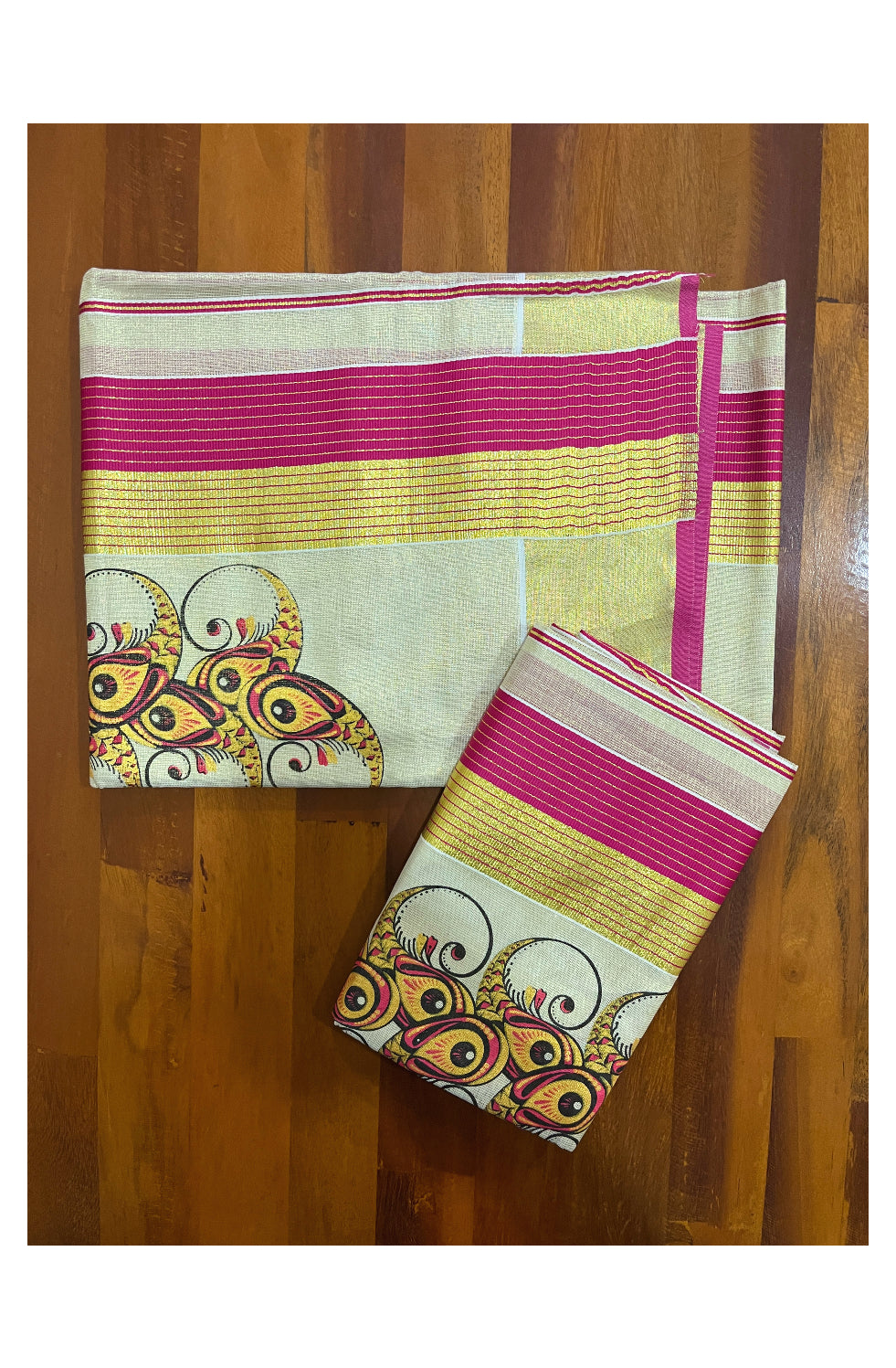 Kerala Tissue Set Mundu (Mundum Neriyathum) with Block Prints on Magenta and Kasavu Border 2.80 Mtrs