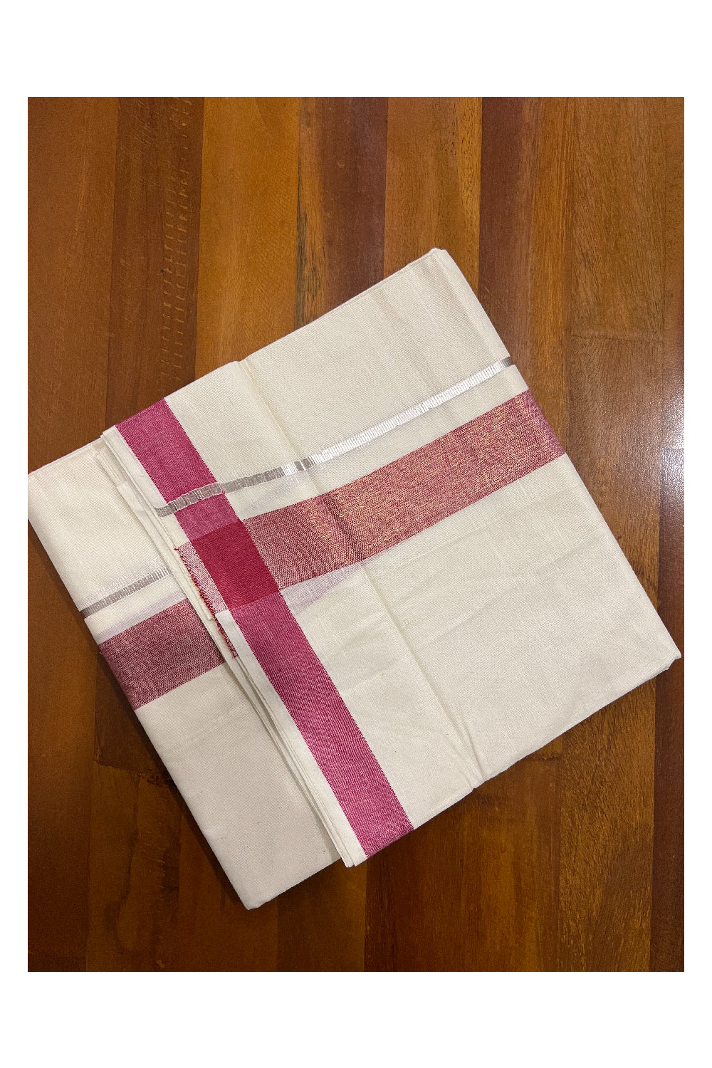 Pure Cotton Off White Double Mundu with Dark Red and Silver Kasavu Border (South Indian Dhoti)