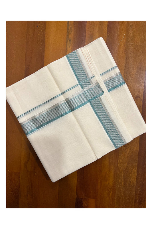 Southloom Balaramapuram Handloom Pure Cotton Mundu with Silver and Turquoise Kasavu Border (South Indian Dhoti)