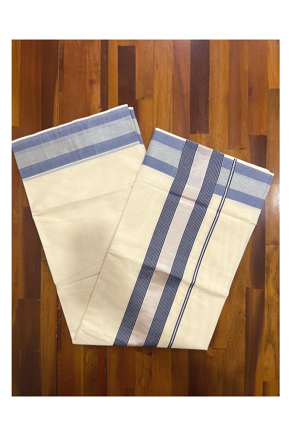 Pure Cotton Kerala Saree with Silver Kasavu and Blue Line Border